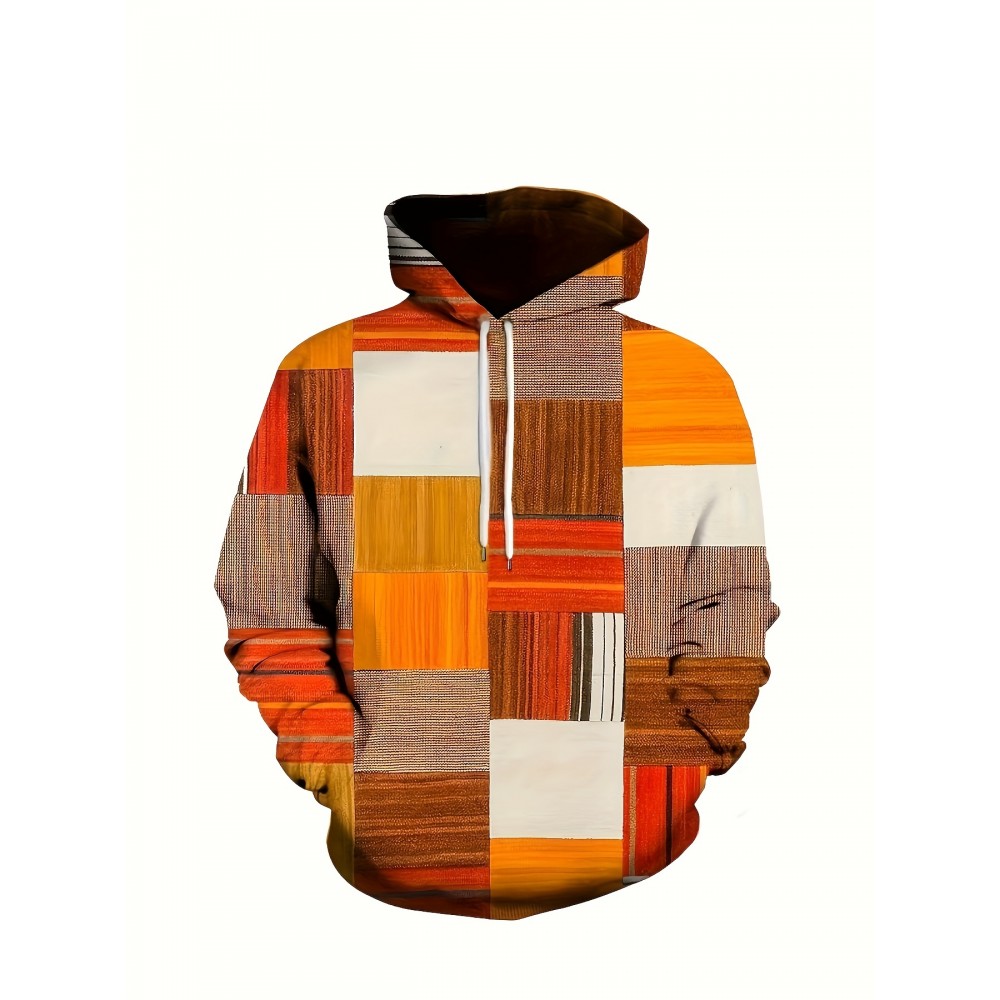Plus Size Men's Contrast Color Pattern Print Hoodies Oversized Hooded Sweatshirt For Autumn/winter, Men's Clothing