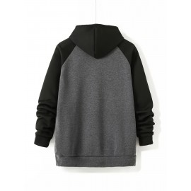 Plus Size Men's Contrast Color Hooded Sweatshirt For Spring Fall, Outdoor Sports Raglan Hoodies For Males
