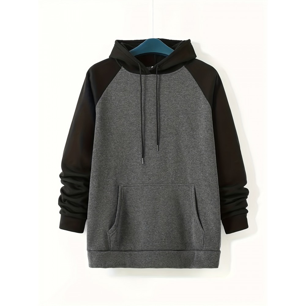 Plus Size Men's Contrast Color Hooded Sweatshirt For Spring Fall, Outdoor Sports Raglan Hoodies For Males