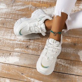 Women's Fashion Solid Color Platform Shoes, Breathable Mesh Low Top Lace Up Heightening Shoes, Versatile Outdoor Shoes