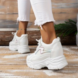 Women's Fashion Solid Color Platform Shoes, Breathable Mesh Low Top Lace Up Heightening Shoes, Versatile Outdoor Shoes