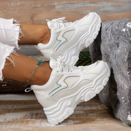 Women's Fashion Solid Color Platform Shoes, Breathable Mesh Low Top Lace Up Heightening Shoes, Versatile Outdoor Shoes