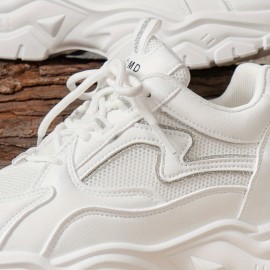 Women's Fashion Solid Color Platform Shoes, Breathable Mesh Low Top Lace Up Heightening Shoes, Versatile Outdoor Shoes