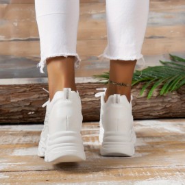 Women's Fashion Solid Color Platform Shoes, Breathable Mesh Low Top Lace Up Heightening Shoes, Versatile Outdoor Shoes
