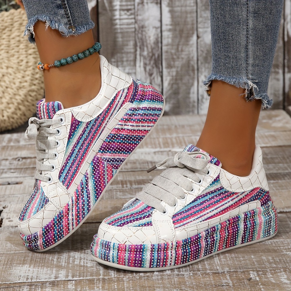 Women's Rhinestone Decor Striped Sneakers, Lace Up Platform Casual Skate Shoes, Versatile Low-top Walking Shoes