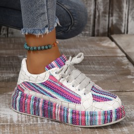 Women's Rhinestone Decor Striped Sneakers, Lace Up Platform Casual Skate Shoes, Versatile Low-top Walking Shoes