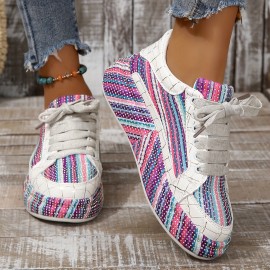 Women's Rhinestone Decor Striped Sneakers, Lace Up Platform Casual Skate Shoes, Versatile Low-top Walking Shoes