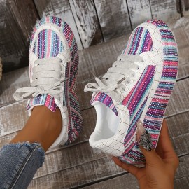 Women's Rhinestone Decor Striped Sneakers, Lace Up Platform Casual Skate Shoes, Versatile Low-top Walking Shoes