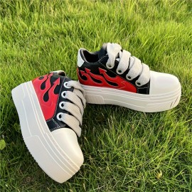 Unisex Couple Shoes Casual Fashion Low-top Thick Soled Flame Platform Shallow Leather Sneakers