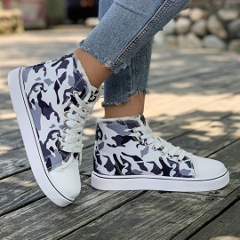 Women's Camouflage Canvas Sneakers, Casual Lace Up High Top Skate Shoes, Lightweight Flat Trainers