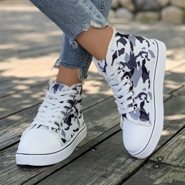 Women's Camouflage Canvas Sneakers, Casual Lace Up High Top Skate Shoes, Lightweight Flat Trainers