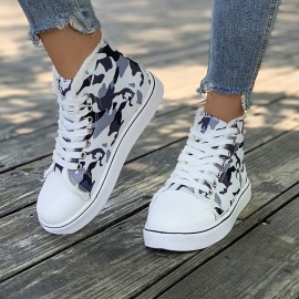 Women's Camouflage Canvas Sneakers, Casual Lace Up High Top Skate Shoes, Lightweight Flat Trainers