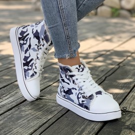 Women's Camouflage Canvas Sneakers, Casual Lace Up High Top Skate Shoes, Lightweight Flat Trainers