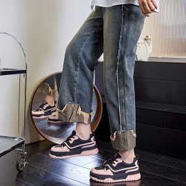 Women's Colorblock Casual Sneakers, Lace Up Platform Soft Sole Shock Absorption Shoes, Versatile Round Toe Sporty Trainers