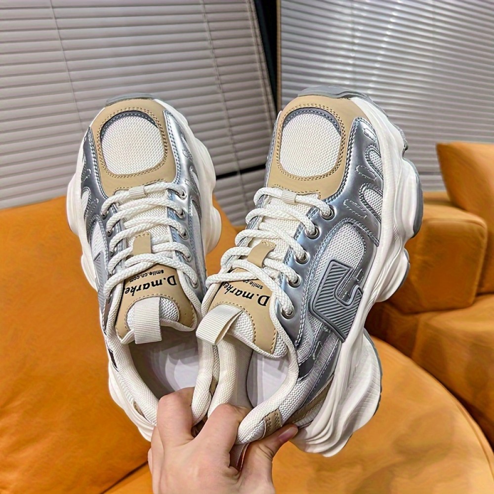 Women's Colorblock Mesh Heightening Sneakers, Lace Up Platform Soft Sole Casual Walking Shoes, Low-top Breathable Trainers