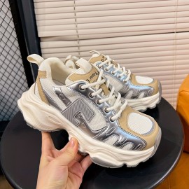 Women's Colorblock Mesh Heightening Sneakers, Lace Up Platform Soft Sole Casual Walking Shoes, Low-top Breathable Trainers