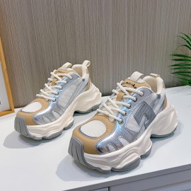 Women's Colorblock Mesh Heightening Sneakers, Lace Up Platform Soft Sole Casual Walking Shoes, Low-top Breathable Trainers