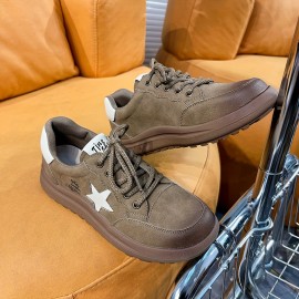 Women's Solid Color Casual Sneakers, Genuine Leather Lace Up Platform Skate Shoes, Letter & Stars Decor Trainers