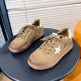 Women's Solid Color Casual Sneakers, Genuine Leather Lace Up Platform Skate Shoes, Letter & Stars Decor Trainers