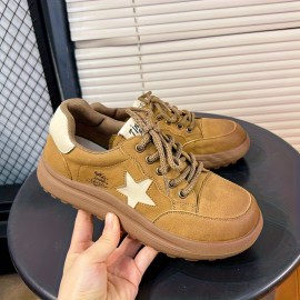 Women's Solid Color Casual Sneakers, Genuine Leather Lace Up Platform Skate Shoes, Letter & Stars Decor Trainers
