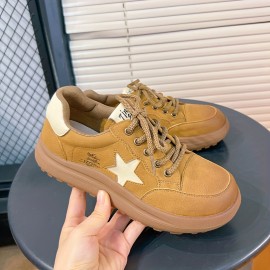 Women's Solid Color Casual Sneakers, Genuine Leather Lace Up Platform Skate Shoes, Letter & Stars Decor Trainers
