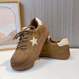 Women's Solid Color Casual Sneakers, Genuine Leather Lace Up Platform Skate Shoes, Letter & Stars Decor Trainers