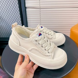 Women's Solid Color Canvas Sneakers, Lace Up Platform Soft Sole Casual Walking Shoes, Low-top Breathable Trainers