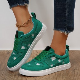 Women's Ripped Detail Canvas Shoes, Casual Lace Up Low Top Flat Sneakers, Lightweight Walking Trainers