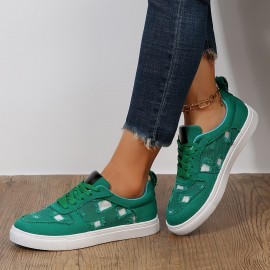 Women's Ripped Detail Canvas Shoes, Casual Lace Up Low Top Flat Sneakers, Lightweight Walking Trainers