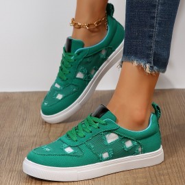 Women's Ripped Detail Canvas Shoes, Casual Lace Up Low Top Flat Sneakers, Lightweight Walking Trainers