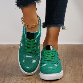 Women's Ripped Detail Canvas Shoes, Casual Lace Up Low Top Flat Sneakers, Lightweight Walking Trainers