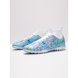 Plus Size Men's Trendy Colour Block High Top Turf Football Boots, Professional Outdoor Non-Slip Breathable Lace Up TF Soccer Cleats