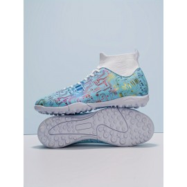 Plus Size Men's Trendy Colour Block High Top Turf Football Boots, Professional Outdoor Non-Slip Breathable Lace Up TF Soccer Cleats