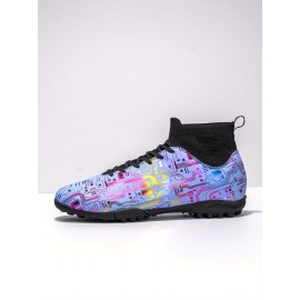 Plus Size Men's Trendy Colour Block High Top Turf Football Boots, Professional Outdoor Non-Slip Breathable Lace Up TF Soccer Cleats
