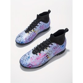Plus Size Men's Trendy Colour Block High Top Turf Football Boots, Professional Outdoor Non-Slip Breathable Lace Up TF Soccer Cleats