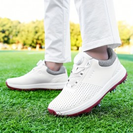 Men's Solid Non-slip Golf Shoes With Rotating Buckle, Professional Shock Absorption Sports Sneakers - Perfect For Better Performance
