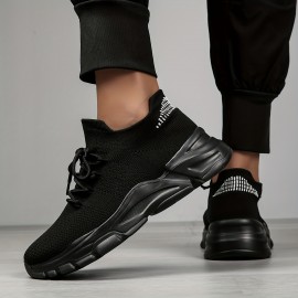 Men's Spring/Summer Lightweight Breathable Knit Sneakers - 2024 New Style Casual Athletic Walking Shoes - Black - Mid-top - Lace-up - EVA Sole - No Inner Liner - Fabric Upper