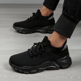 Men's Spring/Summer Lightweight Breathable Knit Sneakers - 2024 New Style Casual Athletic Walking Shoes - Black - Mid-top - Lace-up - EVA Sole - No Inner Liner - Fabric Upper