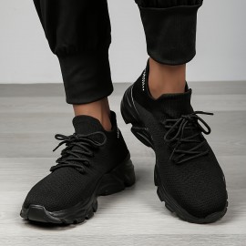 Men's Spring/Summer Lightweight Breathable Knit Sneakers - 2024 New Style Casual Athletic Walking Shoes - Black - Mid-top - Lace-up - EVA Sole - No Inner Liner - Fabric Upper