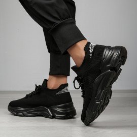 Men's Spring/Summer Lightweight Breathable Knit Sneakers - 2024 New Style Casual Athletic Walking Shoes - Black - Mid-top - Lace-up - EVA Sole - No Inner Liner - Fabric Upper