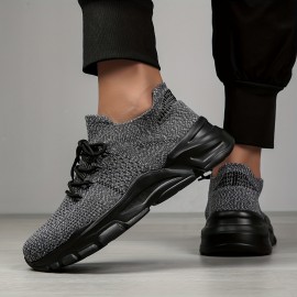Men's Spring/Summer Lightweight Breathable Knit Sneakers - 2024 New Style Casual Athletic Walking Shoes - Black - Mid-top - Lace-up - EVA Sole - No Inner Liner - Fabric Upper