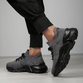 Men's Spring/Summer Lightweight Breathable Knit Sneakers - 2024 New Style Casual Athletic Walking Shoes - Black - Mid-top - Lace-up - EVA Sole - No Inner Liner - Fabric Upper