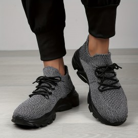 Men's Spring/Summer Lightweight Breathable Knit Sneakers - 2024 New Style Casual Athletic Walking Shoes - Black - Mid-top - Lace-up - EVA Sole - No Inner Liner - Fabric Upper