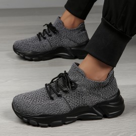 Men's Spring/Summer Lightweight Breathable Knit Sneakers - 2024 New Style Casual Athletic Walking Shoes - Black - Mid-top - Lace-up - EVA Sole - No Inner Liner - Fabric Upper