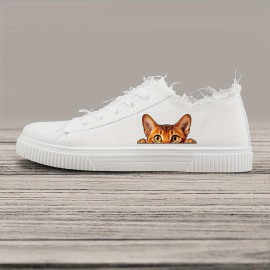 Men's Cartoon Cat Sneakers - Casual Lace-Up Canvas Shoes with Rubber Sole and Fabric Insole, Round Toe Preppy Style, All-Season Comfort for Daily Wear