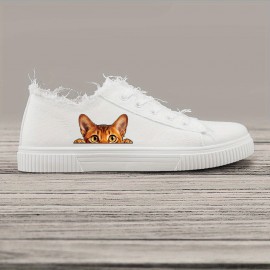 Men's Cartoon Cat Sneakers - Casual Lace-Up Canvas Shoes with Rubber Sole and Fabric Insole, Round Toe Preppy Style, All-Season Comfort for Daily Wear