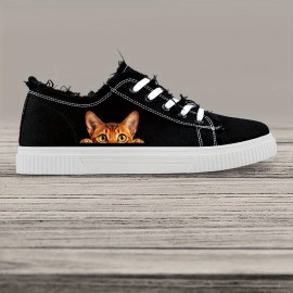 Men's Cartoon Cat Sneakers - Casual Lace-Up Canvas Shoes with Rubber Sole and Fabric Insole, Round Toe Preppy Style, All-Season Comfort for Daily Wear