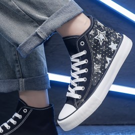 Unisex Black & White Canvas Sneakers - Casual Lace-Up Skate Shoes For All Seasons, Comfortable Rubber Sole