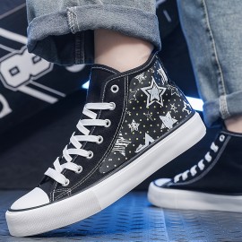 Unisex Black & White Canvas Sneakers - Casual Lace-Up Skate Shoes For All Seasons, Comfortable Rubber Sole