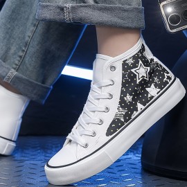 Unisex Black & White Canvas Sneakers - Casual Lace-Up Skate Shoes For All Seasons, Comfortable Rubber Sole